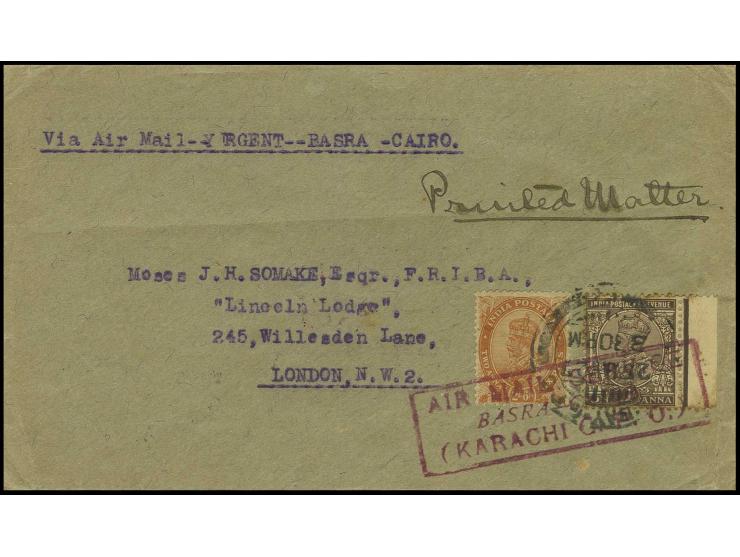 INDIEN: 1927, 'Air Mail Service/Basra-Cairo/(Karachi G.P.O.)', violetter Ra3 auf gering unfrischem Brief von 'BOMBAY 25.3.27'