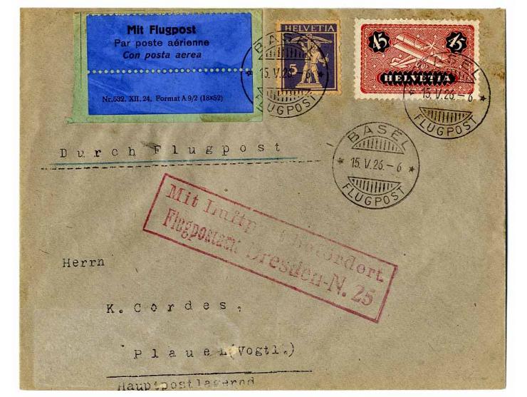 SCHWEIZ: 1926, Erstflug Basel-Dresden 15.5., Brief (geringfügig unfrisch) mit u.a. Mi.-Nr. 183 mit rotem Bestätigungsstempel 