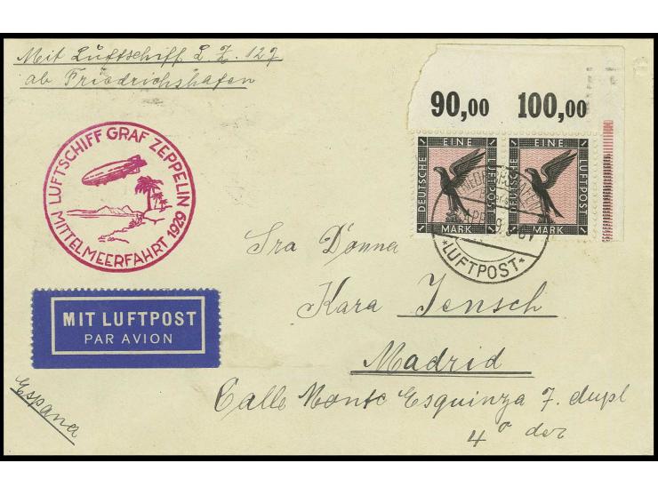 Mittelmeerfahrt, Brief mit Eckrandpaar Mi.-Nr. 382 bis Sevilla mit Maschinen-Ankunftsstempel