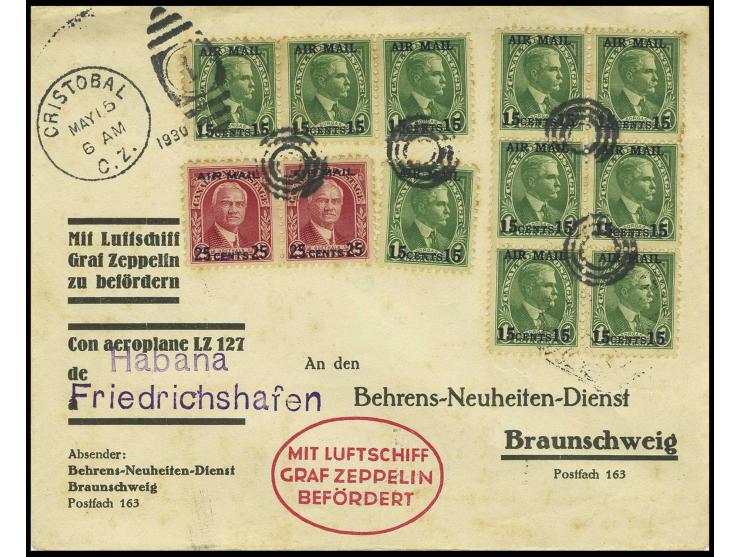 Post der Kanalzone: Brief mit Aufgabe "CRISTOBAL" via Kuba und Sevilla nach Deutschland, gering unfrisch