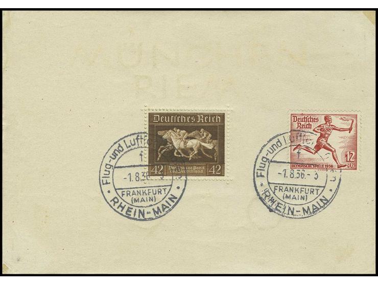1936, Karte mit u.a. Braunes-Band-Block (geringfügige Randmängel) mit rotlila Bestätigungsstempel nach Honnef, nur wenige Bel