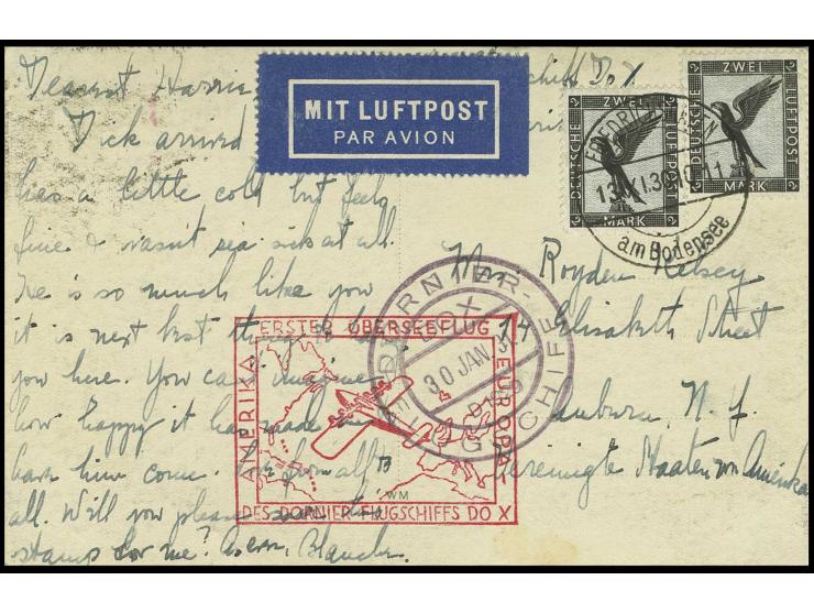 1930/31, 1. Überseeflug, Brief mit Mi.-Nr. 382 und 367 nach Kolumbien und Karte mit 2 Stück Mi.-Nr. 383 nach USA, Pracht; Har