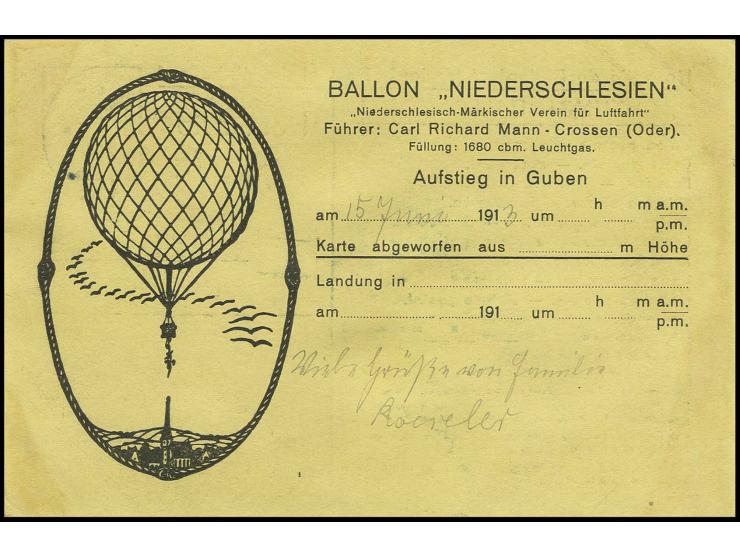 1913, Ballon "NIEDERSCHLESIEN" vom "Niederschlesisch-Märkischer Verein für Luftfahrt", illustrierte Abwurfkarte vom Aufstieg 