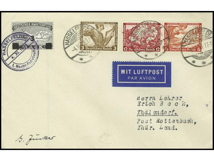 1933, 1. Nacht-Raketenflug 4.11., Brief mit 3 auf 1 M. mit violettem Stempel "HASSELFELDE 4.XI.33" und Wagner-Zusatzfrankatur