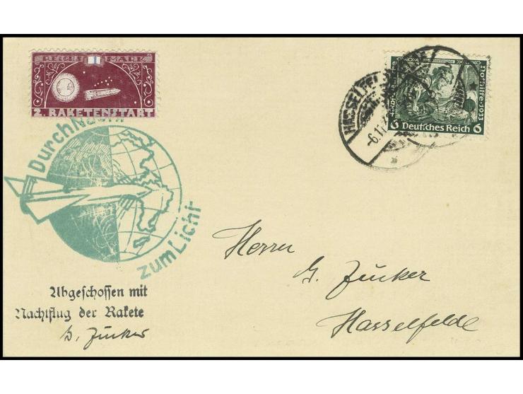 Nacht-Raketenflug 6.11., Karte mit 1 M. rotbraun/blau gezähnt und grünem Raketenstempel mit Wagner 6 Pfg., gestempelt "HASSEL