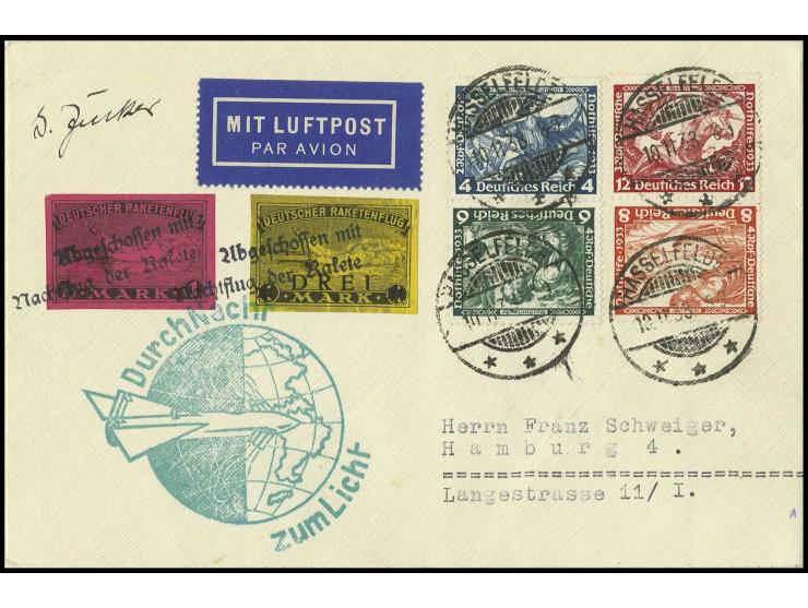 dito,  Brief mit E.-Z. Nr. 4A3 und 4 mit grünem Raketenstempel und Wagner-Zusatzfrankatur, gestempelt "HASSELFELDE 10.11.33" 