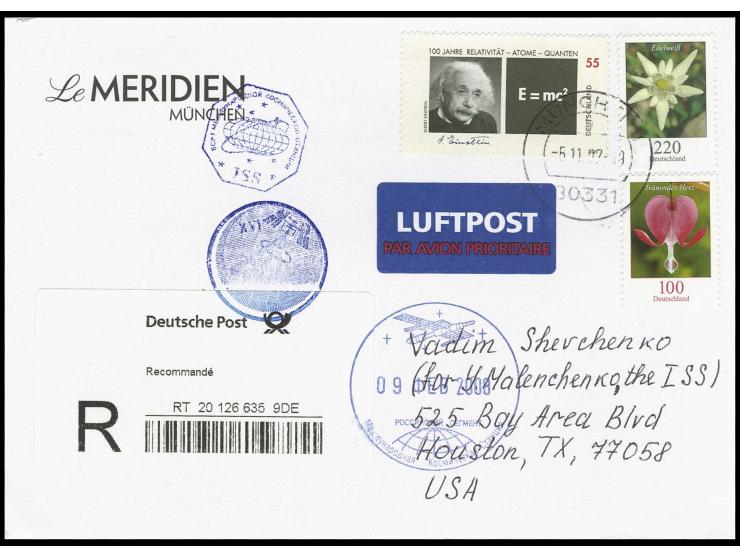 2008, SPACE SHUTTLE ATLANTIS (STS-122), Brief mit handschriftlichem Inhalt von Deutschland als R-Brief nach USA und befördert