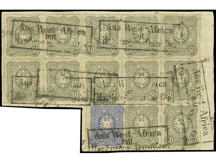 "Aus West-Afrika mit Hamburger Dampfer", Ra3 mehrfach abgeschlagen auf DR 50 Pfg. olivgrün (12er-Block) und 20 Pfg. ultramari