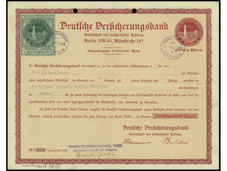 OZEANREEDEREI: 1916, 5 M. grün auf Versicherungsschein der Deutschen Versicherungsbank zu 50 Mark (mittig gefaltet und oben R