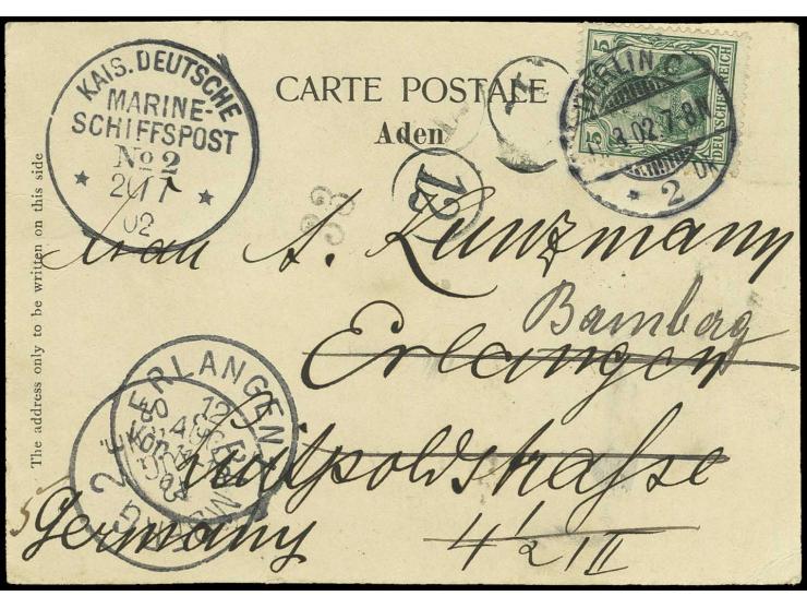 1902, Pisa-Provisorium: Karte aus Aden mit Stempel "KDMSP No. 2 20/7 02" und handschriftlich "5" nach Erlangen und nachgesand