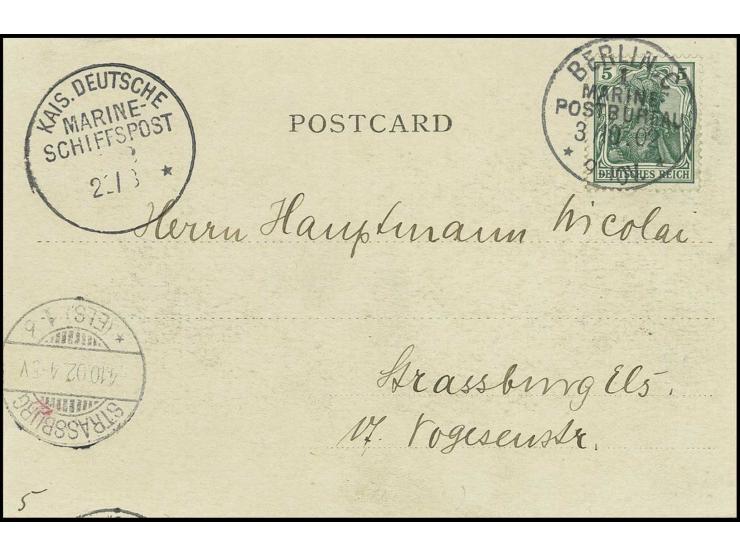 Karte aus Nagasaki mit Stempel "KDMSP 22/8 (02)" und handschriftlich "5" nach Straßburg, in Deutschland frankiert mit Germani