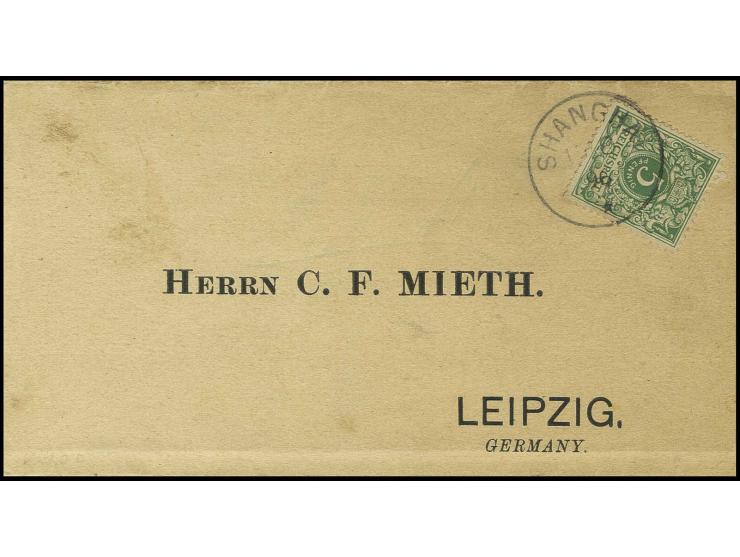 5 Pfg. opalgrün mit Stempel "SHANGHAI 15.8.96" auf Drucksachen-Streifband nach Leipzig, Randspuren