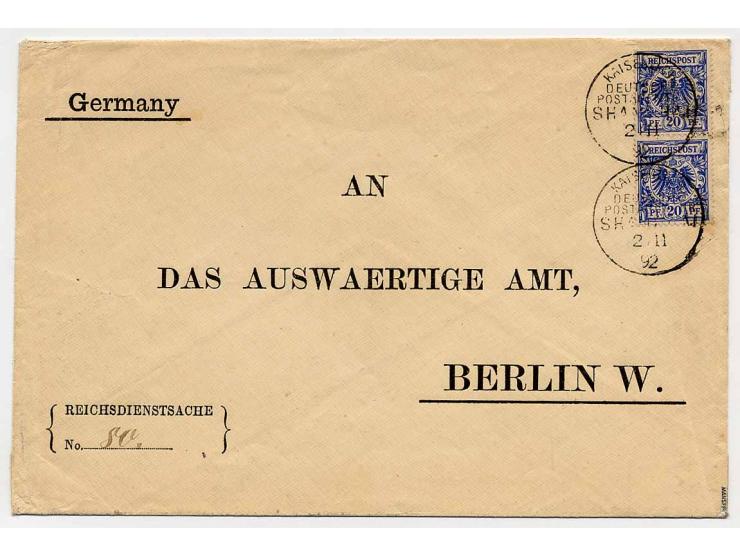 20 Pfg. blau im senkrechten Paar mit Stempel "KDPA SHANGHAI 2.11.92" auf Vordruckbrief "REICHSDIENSTSACHE" an das Auswärtige 
