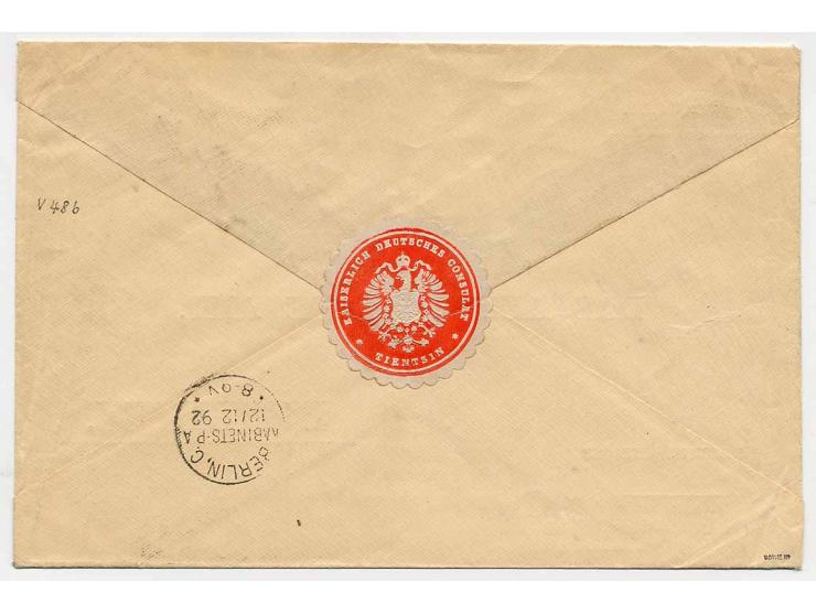 20 Pfg. blau im senkrechten Paar mit Stempel "KDPA SHANGHAI 2.11.92" auf Vordruckbrief "REICHSDIENSTSACHE" an das Auswärtige 