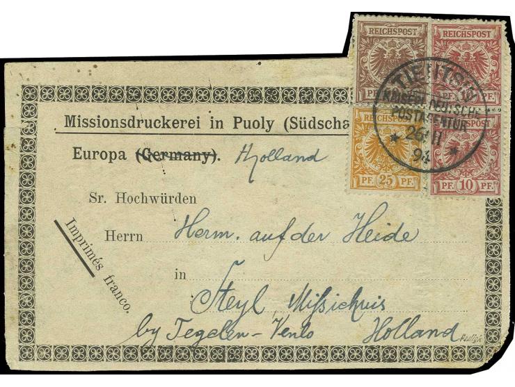 25 Pfg. gelblichorange, 50 Pfg. lebhaftrötlichbraun und 10 Pfg. lebhaftrosarot (2) mit Stempel "KDPA TIENTSIN 26.11.94" auf A