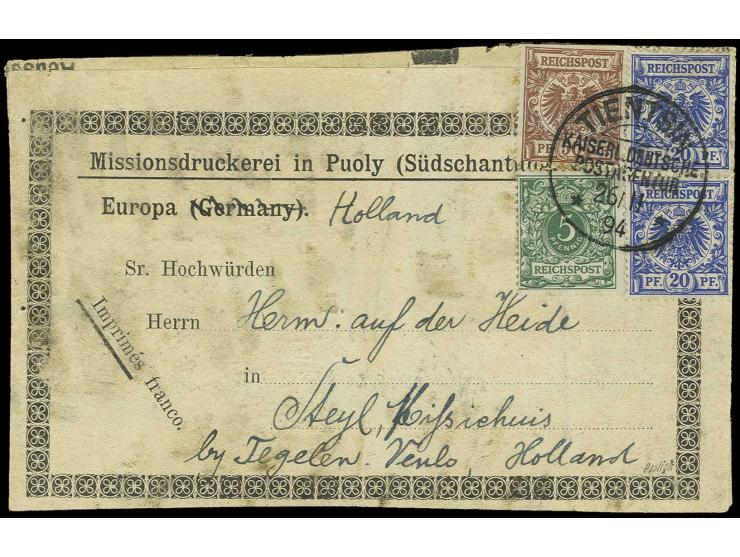 50 Pfg. lebhaftrötlichbraun, 20 Pfg. violettultramarin (2) und 5 Pfg. opalgrün mit Stempel "KDPA TIENTSIN 26.11.94" auf Ausla