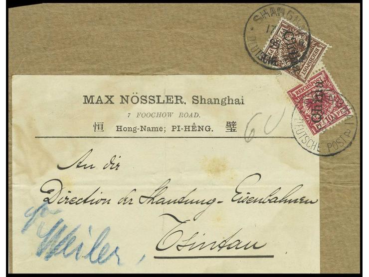 1898, Steilaufdruck 50 und 10 Pfg. mit Stempel "SHANGHAI 17.7.99" auf Drucksachen-Adressenträgerteil bis 2000 gr. nach Tsinta