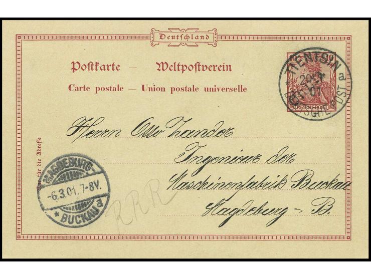 Ganzsachenkarte 10 Pfg. mit gestochen klarem Stempel "TIENTSIN a. 20.1.01" nach Magdeburg mit vorderseitigem Ankunftsstempel,
