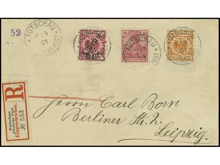 25 Pfg. gelblichorange, 10 Pfg. Reichspost und 5 pf auf 10 Pfg. mit steilem Aufdruck mit Stempel "FUTSCHAU 18.5.01" auf etwas