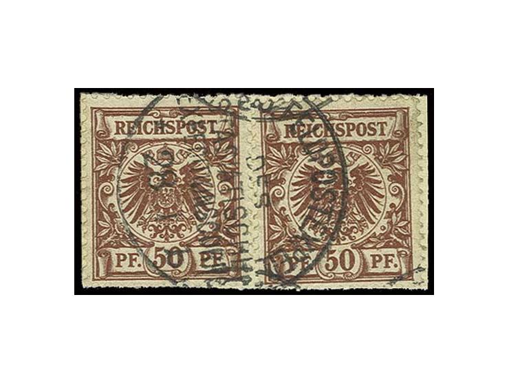 50 Pfg. lebhaftrötlichbraun (2) mit Stempel "K.D.FELDPOSTEXPED. DES OSTAISATISCHEN EXPEDITIONSCORPS  b 28/1" auf knapp geschn