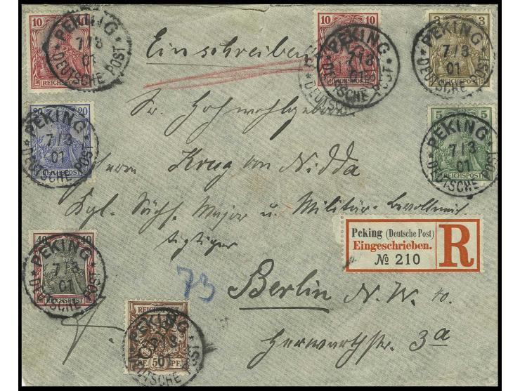 Reichspost 3-20 Pfg. (10 Pfg. doppelt) und 40 Pfg. mit Mi.-Nr. 6II, jeweils gestempelt "PEKING 7/3 01" auf R-Brief in guter B