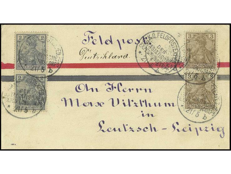 3 Pfg. dunkelorangebraun im senkrechten Paar (oben und unten zwei bzw. ein ergänzter Zahn) mit 2 Pfg. ebenfalls im senkrechte