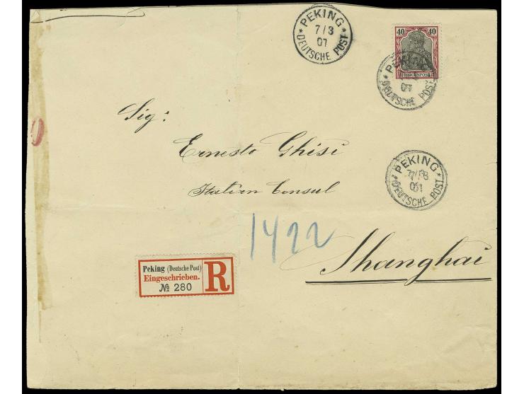 40 Pfg. mit Stempel "PEKING 7/3/01" auf R-Brief an das Italienische Konsulat in Shanghai, Brief links und oben etwas verkürzt