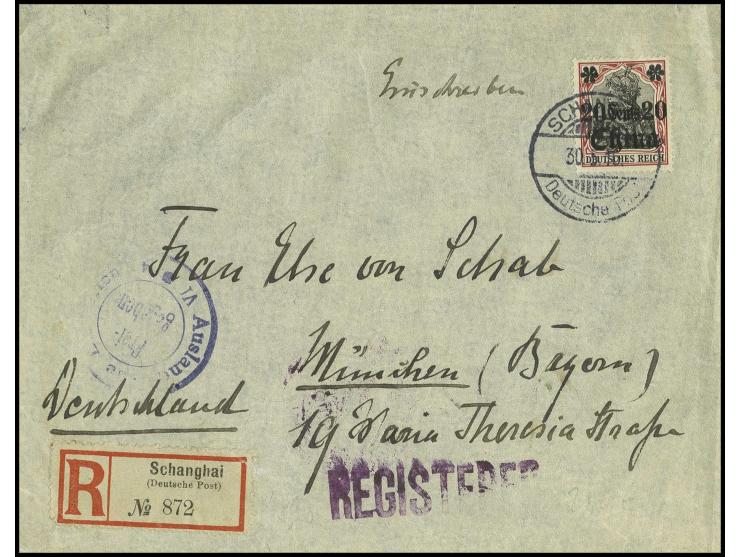 1906/19, mit Wasserzeichen: 20 C. mit Stempel "SCHANGHAI 30.5.16" auf R-Brief nach München mit vorderseitigem Zensurstempel, 