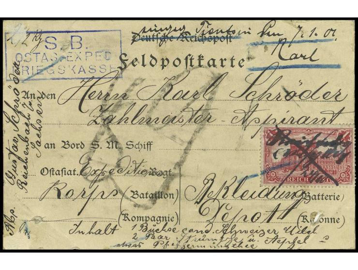 DIVERSES: 1900, 1 M. Reichspost mit hsl. Entwertung "Reichenbach 24.10" auf kompletter Feldpost-Paketadresse nach Tientsin, ü