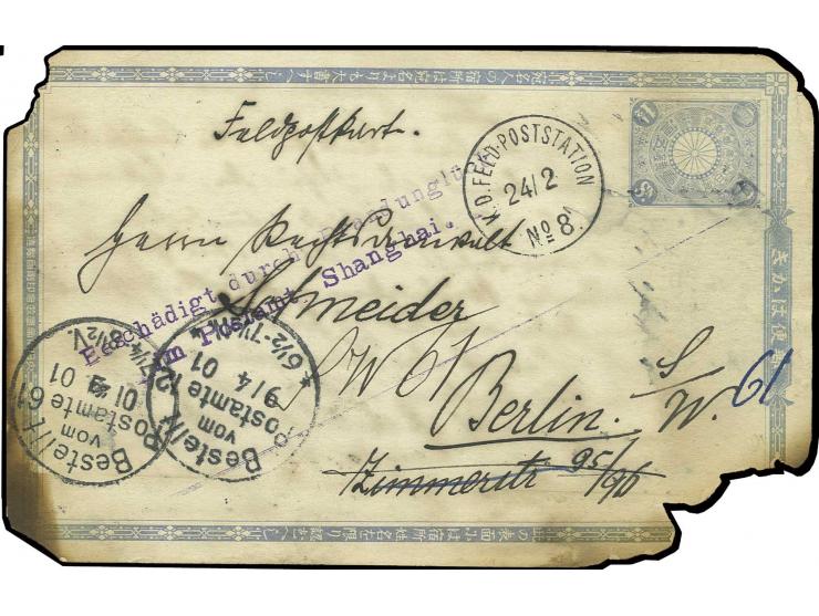 1901, "Beschädigt durch Brandunglück/im Postamt Shanghai", L2 in violett sauber und vollständig auf angesengter Feldpostkarte