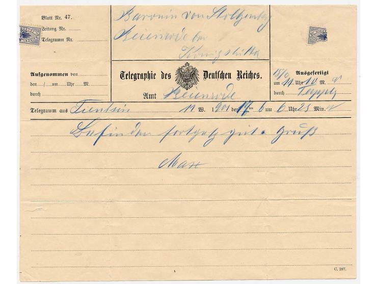 Aufnahme-Telegramm aus Beierode für ein Telegramm aus Tientsin an die Baronin von Stolzenberg, gefaltet und kurzer Einriß