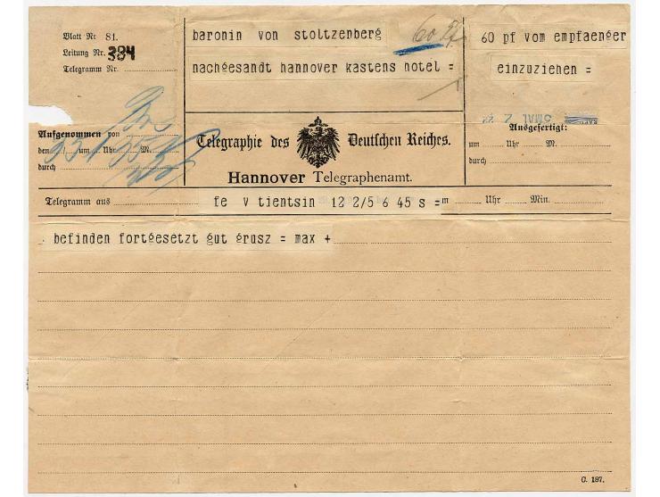 Vordruck-Telegramm aus Hannover für ein nachgesandtes Telegramm aus Tientsin mit Aufkleber "60 Pfg. vom Empfänger einzuziehen