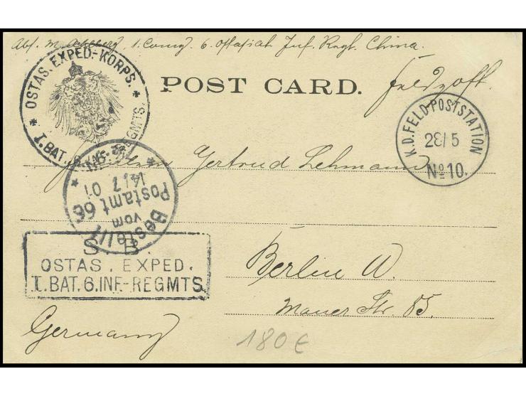 1901, "K.D.FELD-POSTSTATION No. 10 / 28/5" auf Ansichtskarte mit zwei verschiedenen Truppenstempeln "OSTAS.EXPED.-KORPS" nach