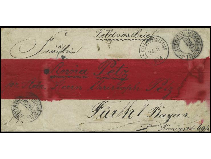 "K. D. FELD-POSTSTATION TAKU SÜD-FORT", zwei saubere Abschläge auf Rotbandbrief mit nebengesetztem "K.D. FELD-POSTSTATION No.