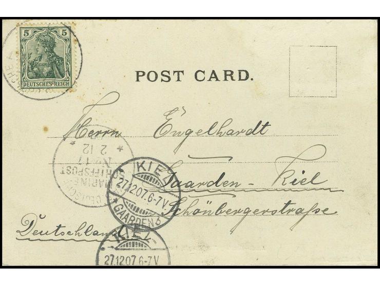 1907, "MSP No. 17 2.12.07", 2x auf Ansichtskarte "Amoy" mit 5 Pfg. Germania (etwas stockig) und Text nach Kiel mit Ankunftste