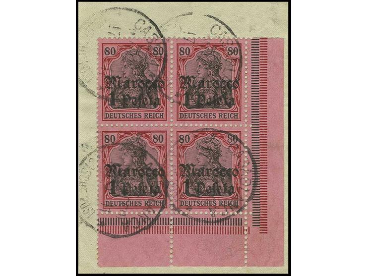 1906, 1 Pia. im Viererblock aus der rechten unteren Bogenecke mit Stempel "CASABLANCA 17.5.11" auf Briefstück, eine seltene u