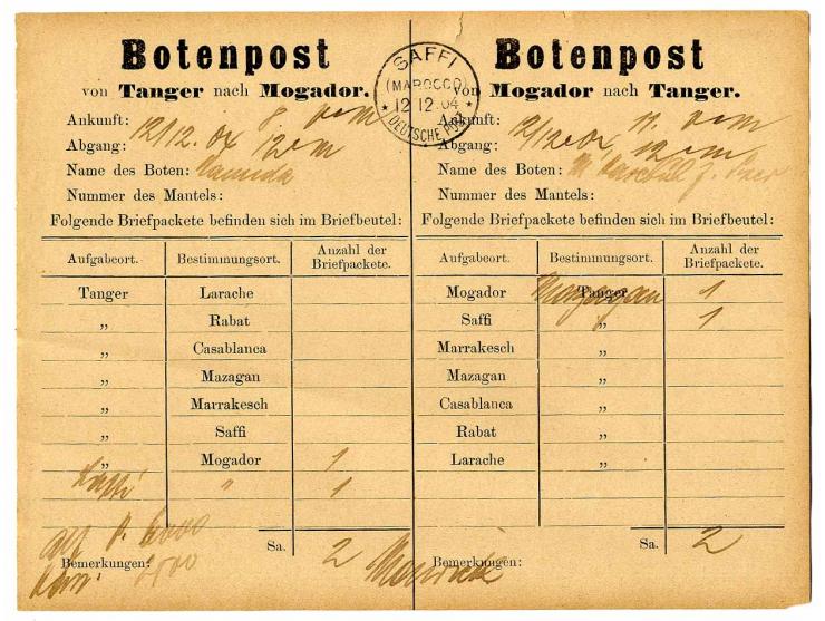 Diverses: 1904, Botenpostschein (oben kurzer Einriß) für Post Tanger-Mogador und zurück, gestempelt "SAFFI 12.12.04"