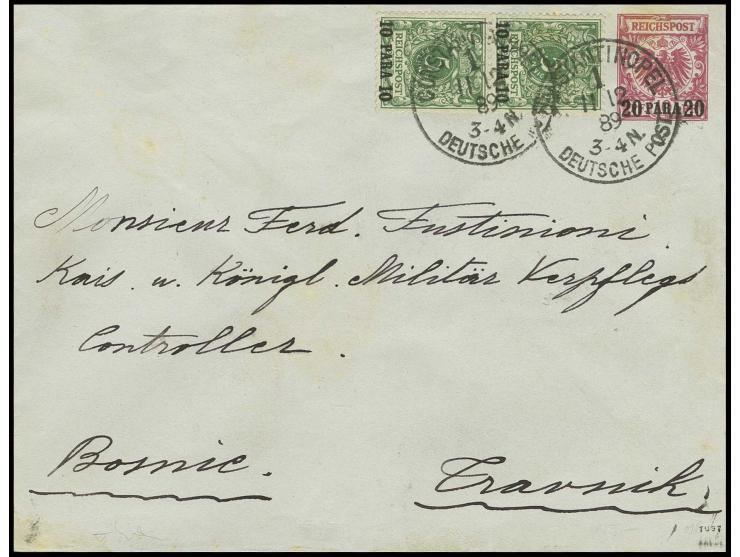 1889/1900, Krone/Adler 10 Pa. dunkelgrün im senkrechten Paar mit Stempel "CONSTANTINOPEL 11.12.89" als Zusatzfrankatur auf Ga