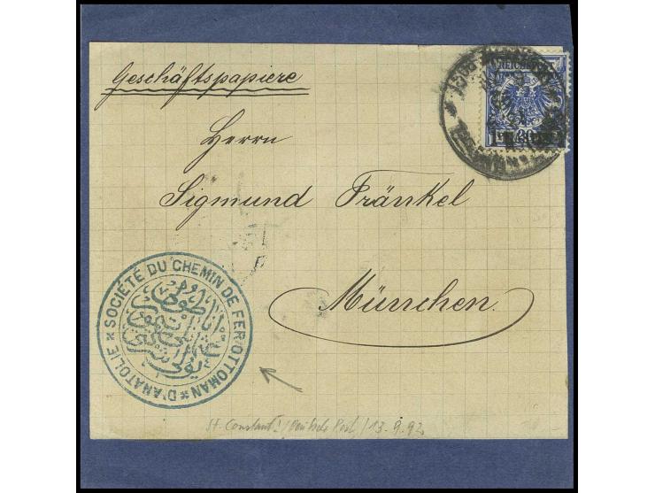 1 Pia. violettultramarin mit Stempel "CONSTANTINOPEL 13.9.94" auf "Geschäftspapiere-"Adressenträgerteil mit Briefstempel "Soc