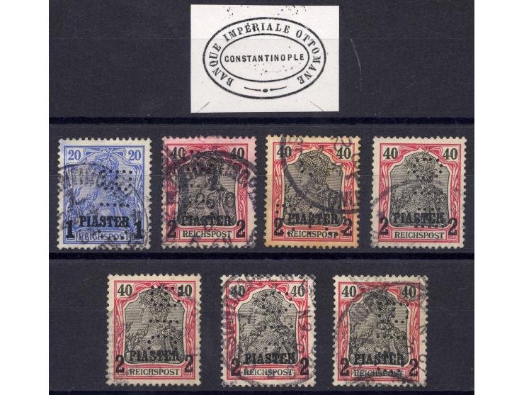 2 Pia. (5) und 1 Pia. mit Firmenlochung "BIO" (Banque Imperiale Ottomane) mit zum Teil verschiedenen Stellungen der Lochung (