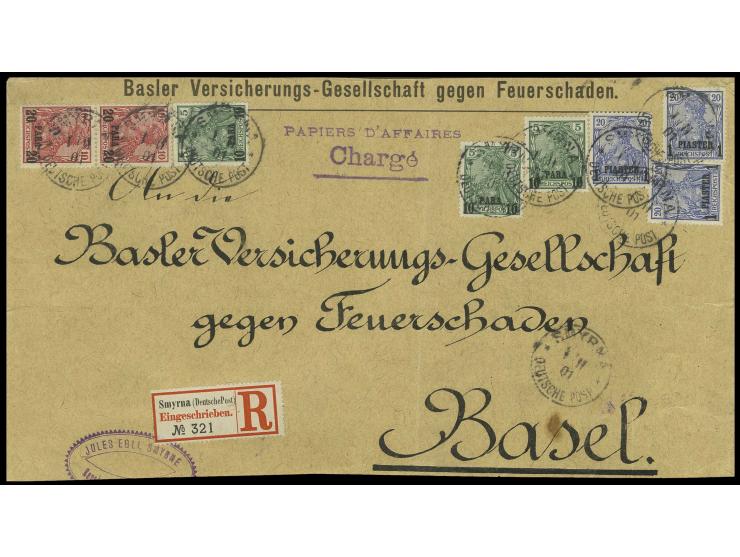1 Pia. (3), 20 Pa. (3) und 10 Pa. (2) mit Stempel "SMYRNA 1.11.01" auf großem Teil einer R-Drucksache bis 750 gr. nach Basel,