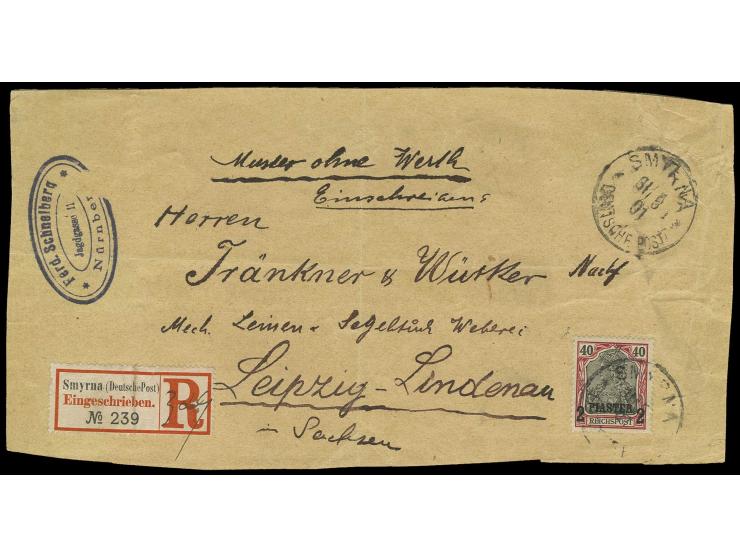 2 Pia. mit Stempel "SMYRNA 31.8.01" auf eingeschriebenem "Muster ohne Werth" (kompletter Adressenträgerteil) nach Leipzig, Fa