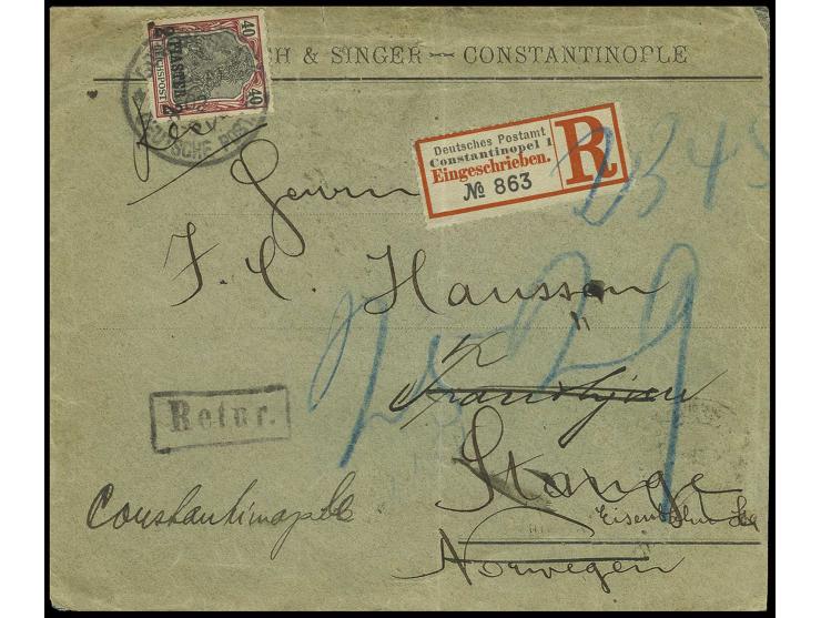 2 Pia. auf Bedarfs-R-Brief von "CONSTANTINOPEL ..10.02" nach Norwegen und retour, leichte Bedarfsspuren, selten