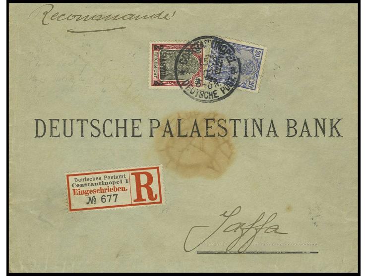 2 Pia. und 1 Pia. mit Firmenlochung "BIO" (Banque Imperiale Ottomane) mit Stempel  "CONSTANTINOPEL 15.3.02" auf R-Brief nach 