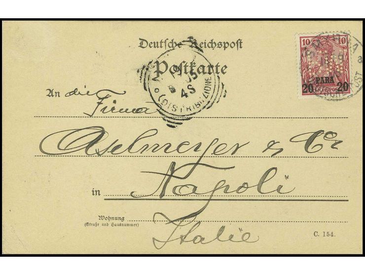 Type II 20 Pa. mit Firmenlochung "P.M." (Paul Milberg) mit Stempel  von "SMYRNA 14.09.05" auf Firmenpostkarte nach Neapel mit
