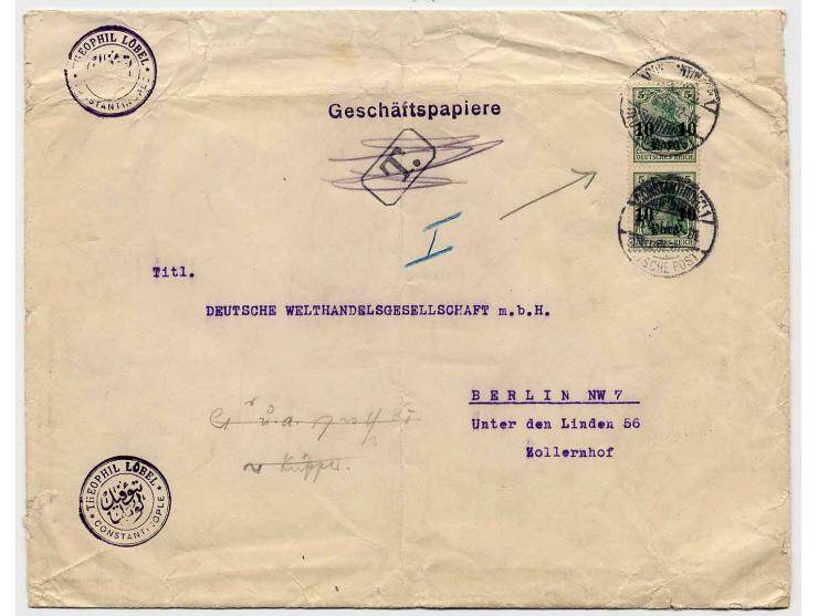 1905, ohne Wasserzeichen: 10 Pa. im senkrechten Paar mit Stempel "CONSTANTINOPEL 18.8.12" auf Geschäftspapiere-Umschlag im Gr