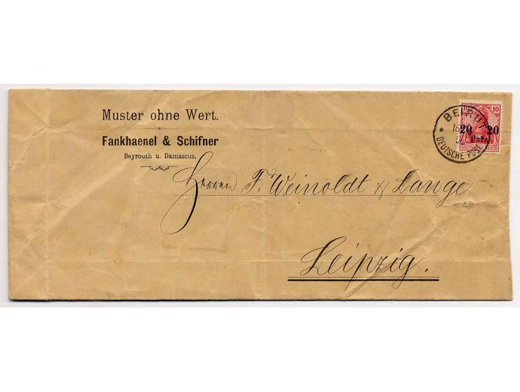 20 Pa. rötlichkarmin mit Stempel "BEIRUT 16.6.06" auf Vordruckversandtasche "Muster ohne Wert" (rechts geöffnet) nach Leipzig