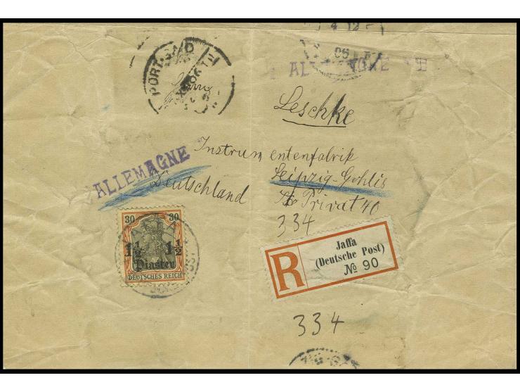 1 1/2 Pia. mit DKr. "JAFFA 4.12.06" auf großem Teil einer R-Drucksache via Port Said nach Leipzig, stärkere Knitter und Falts