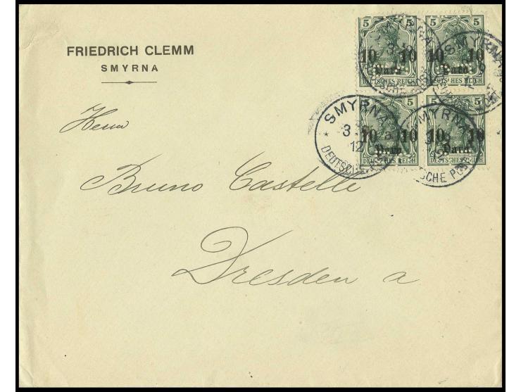 1905/13, mit Wasserzeichen: 10 Pa. im Viererblock mit Firmenlochung "F.C." (Friedrich Clemm) mit Stempel "SMYRNA 3.9.12" auf 