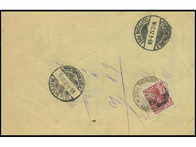 20 Pa. mit Stempel "CONTANTINOPEL 17.12.12" rückseitig auf Postablieferungschein für eine Einschreiben-Nachnahme-Sendung, bis